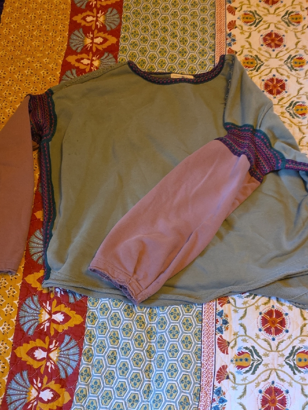 Natural Life Green Crewneck Sweatshirt with Mauve Patch Sleeves